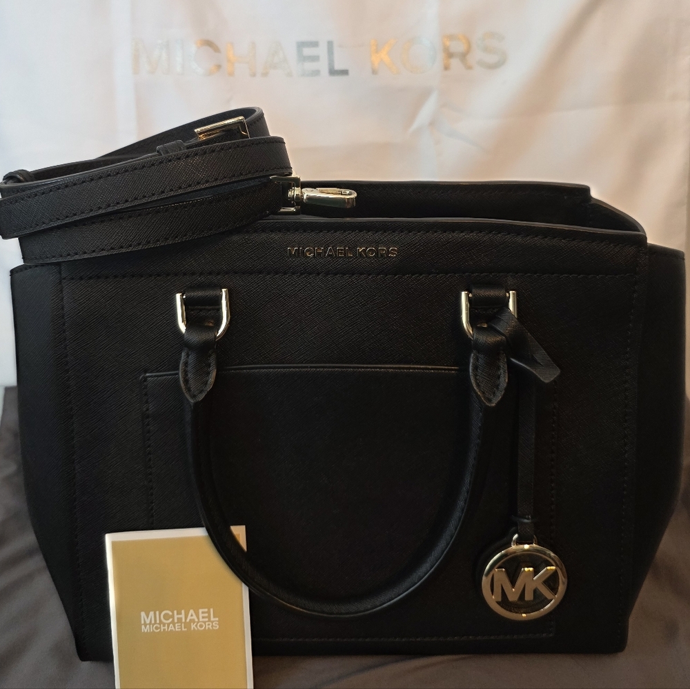 Michael Kors Saffiano Leather Satchel Black Gold Crossbody Bag Like New